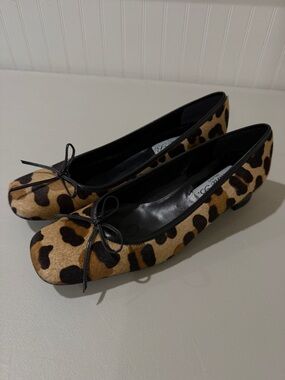 Vintage Ponyhair Leopard Print Ballet Flats with Bow - Black/ Brown